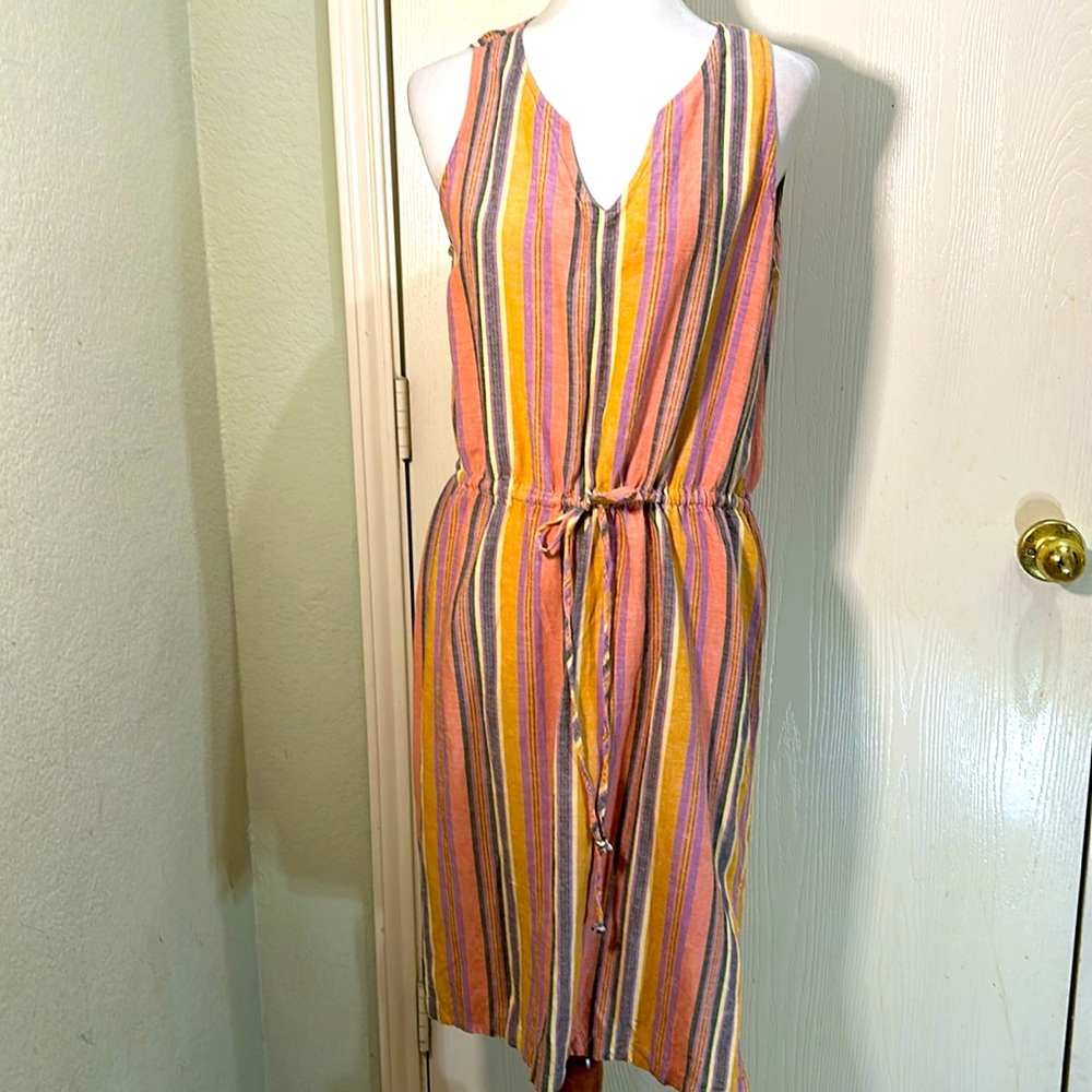 Anthropologie Drew linen blend striped, v-neck, cinch waist dress